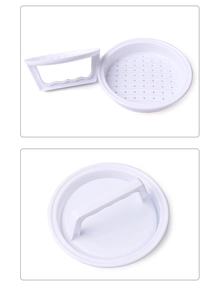 Disassembled view of white plastic burger press showing base and ergonomic handle lid