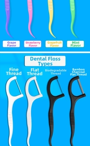 Comparison of flavored dental floss picks including grape, mint, and charcoal variants
