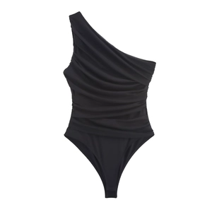 Eleganter schwarzer Ein-Schulter-Bodysuit aus Mesh mit modischen asymmetrischen Falten