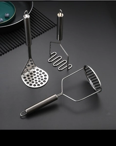 Three-piece stainless steel potato masher set with wave and perforated metal heads
