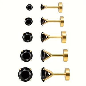 5-pair set of black zircon stud earrings in gold-tone claw setting with various sizes