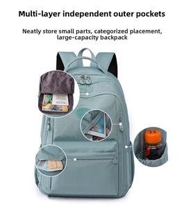 Detail view of multi-compartment Morandi green water-resistant nylon backpack storage