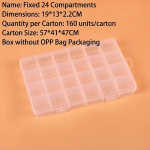 Detail of fixed 24-compartment transparent plastic organizer box 19x13x2.2cm