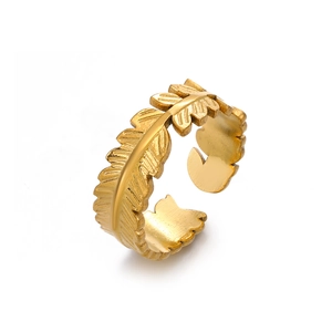 18K gold plated leaf ring in vintage stainless steel with adjustable open band design