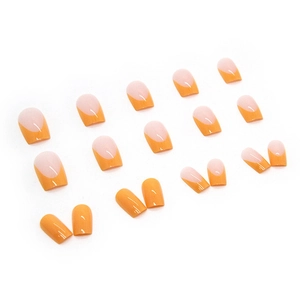 Glossy orange French tip press-on nails set with long square shape for daily manicure