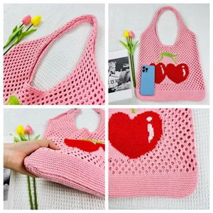 Detailed views of a pink knit cherry tote bag featuring hollow mesh pattern and large size