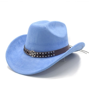 Macro view of blue suede cowboy hat featuring studded leather band and vintage buckle