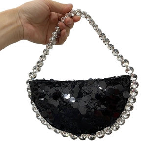 Sparkly black sequin hobo bag with crystal beaded handle for evening parties and events
