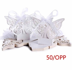 Laser cut butterfly candy boxes with white ribbons for wedding favors 50pcs set