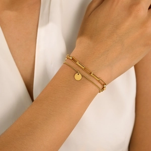 Women Fashion Double Layer Titanium Steel Bracelet With Round Disc Pendant Paperclip Chain Minimalist High End Jewelry Gift