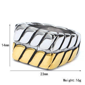 Men's two-tone striped titanium steel ring featuring gold and silver finish accents