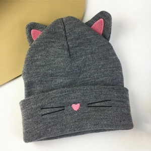 Grey knit cat ear beanie for women featuring cute whiskers embroidery and warm fabric