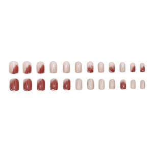 Kit 24 faux ongles ombré bordeaux et paillettes argentées forme carrée ronde courte
