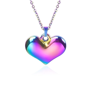 Detail view of the iridescent heart pendant with gradient metallic finish and delicate chain