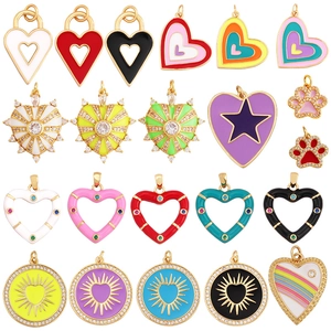 Colorful enamel heart pendants with zircon inlay on gold plated metal for jewelry making