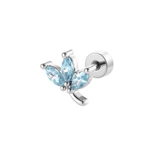 Silver leaf cartilage stud earring with micro-set blue marquise zircons on white background