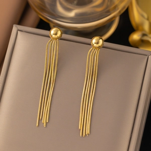 Elegant 18K gold-plated stainless steel bead earrings with long snake chain tassels