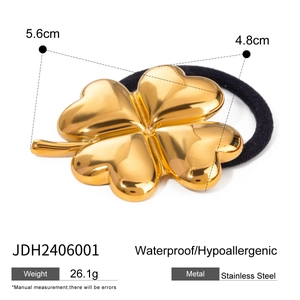 Polished gold stainless steel four-leaf clover hair tie with black high-elastic band
