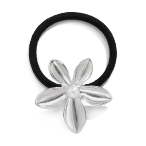 Elegant black elastic hair tie with silver flower charm and white pearl center
