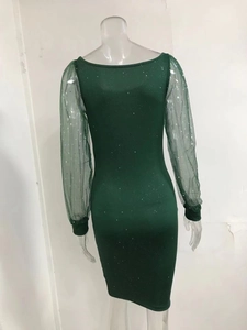 Close-up back view of dark green sequin bodycon dress with sheer mesh sleeves