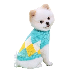 Knitted pet sweater with argyle pattern in blue and yellow for dogs, stylish winter wear