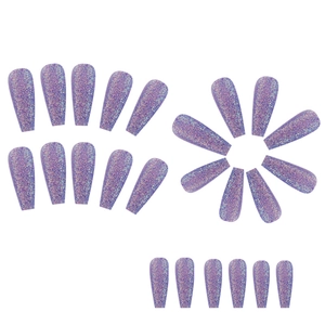 Long purple holographic glitter coffin nails with shimmering matte finish fake nail set