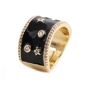 Adjustable wide gold ring with black enamel, star patterns, and micro-set cubic zirconia