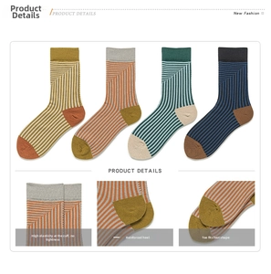Detail view of cotton striped crew socks showing elastic cuff, reinforced heel and toe fit