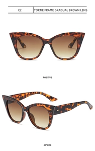Detailed view of C2 cat eye sunglasses with tortie frame and gradual brown lens