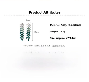 Detailed size chart for gradient leaf earrings with dimensions 6.7cm by 1.4cm