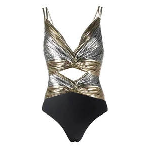 Maillot de bain sexy ajouré avec torsade doré-argenté métallisée et bas noir taille haute