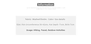 Detailed size chart for washed denim baseball cap with 56-62cm adjustable circumference