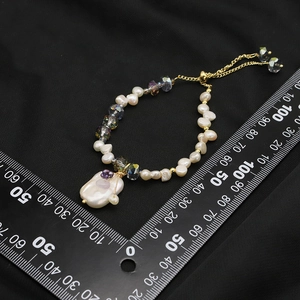 Baroque natural freshwater pearl bracelet with colorful crystal beads and gold pendant
