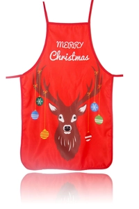 Vue détaillée du tablier de Noël rouge festif avec motif renne et texte Merry Christmas
