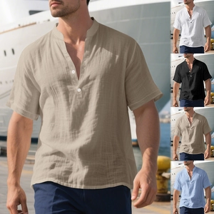 Detailed macro view of men's summer linen short sleeve shirt fabric texture and v-neck button design