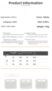 Detailed size chart for the pleated high-neck cotton shirt showing measurements in cm