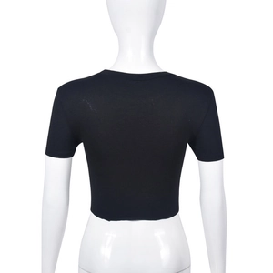 Detailed back view of a slim-fit black cropped t-shirt with short sleeves on a mannequin