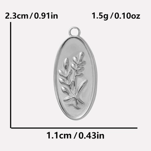 Detailed view of silver oval flower pendant showing dimensions 2.3cm height and 1.5g weight