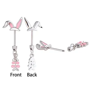 Cute bunny ear earstud with pink enamel and fishbone pendant in polished titanium steel