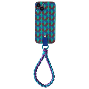 IPhone case with geometric cube patterns and colorful braided wrist strap on white background