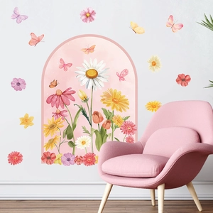 Böhmischer Blumenbogen-Wandaufkleber mit Aquarellblumen und Schmetterlingen fürs Wohnzimmer