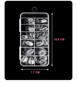 Short almond clear false nail tips in 12 grid organizer box measuring 15.9 by 7.7 cm