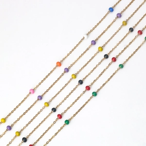 Handmade gold stainless steel chain featuring colorful enamel beads for DIY jewelry making