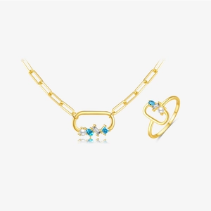 925 Sterling Silver Jewelry Set Gold Plated Blue Zircon Artificial Pearl Pendant Necklace Ring Vintage Elegant Style For Women