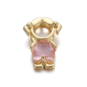 Macro detail of a gold girl pendant featuring pink heart gemstone and pearl accent