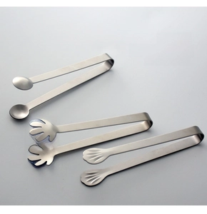 Three styles of stainless steel mini tongs including shell, hand, and spoon shapes
