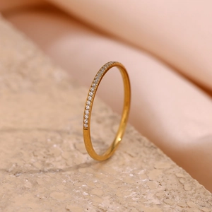 Detailed view of 18K gold plated ring with micro-pave cubic zirconia on stone base