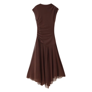 Detail of dark brown mesh sleeveless dress with ruched waist and irregular hemline