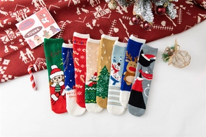Detailed view of plush coral fleece Christmas socks featuring festive patterns and soft texture