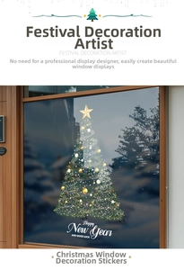 Close-up of a festive green Christmas tree window decal with stars and Happy New Year text